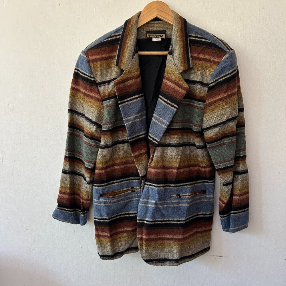 Niki‎ Taylor Southwest Blazer Womens Large Striped Pockets Boho Made in USA VTG